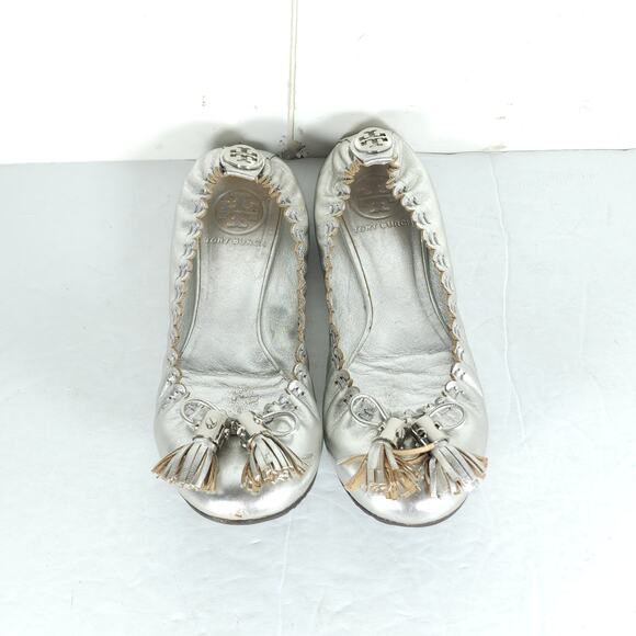 TORY BURCH Women's Reese US 6,5M Silver Leather Tassels Logo SlipOn Ballet Flats - Picture 5 of 16